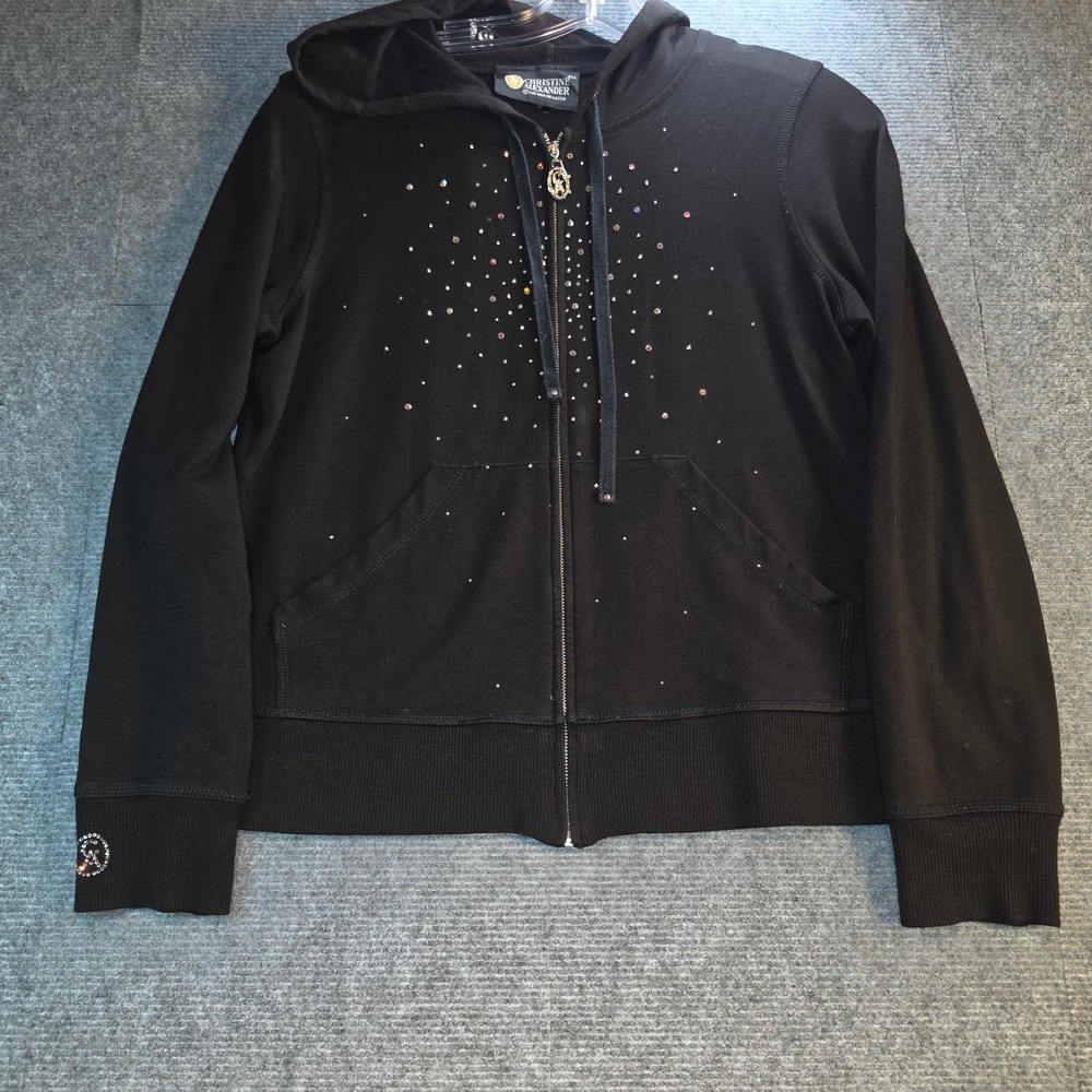 Christine Alexander Hoodie L Black Rhinestone Y2K Zip Up Swarovski Crystal Glam